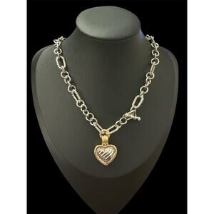 Two Tone Heart Necklace Toggle Closure 17.5"